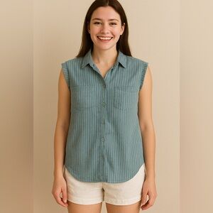 JACHS Girlfriend Green Striped Rayon Button Front Cap Sleeve Shirt Blouse Large